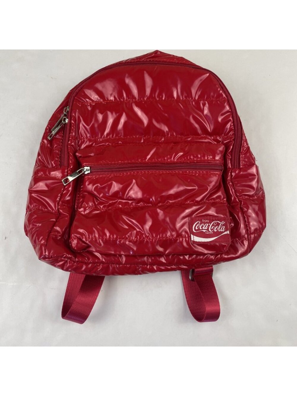 Coca-Cola Red Puffer Mini Backpack Quilted Glossy Vinyl Travel Daypack Bag